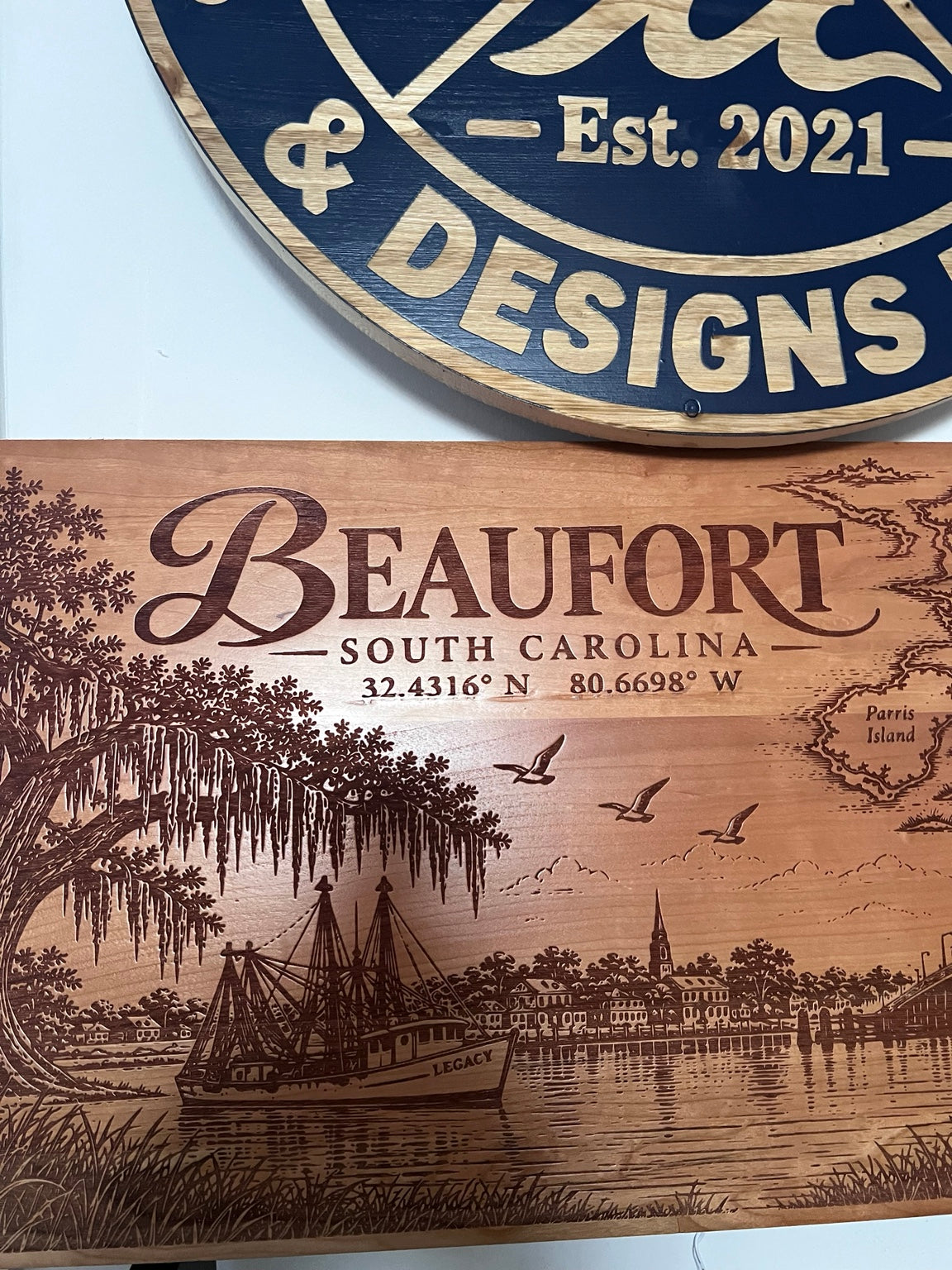 Original Beaufort South Carolina cherry wood engraving with LEGACY shrimp boat
