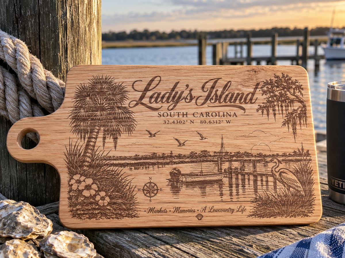 Lady's Island South Carolina engraved wood serving board