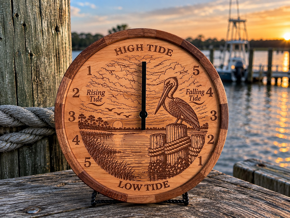 Pelican tide clock with cherry face and segmented sapele frame