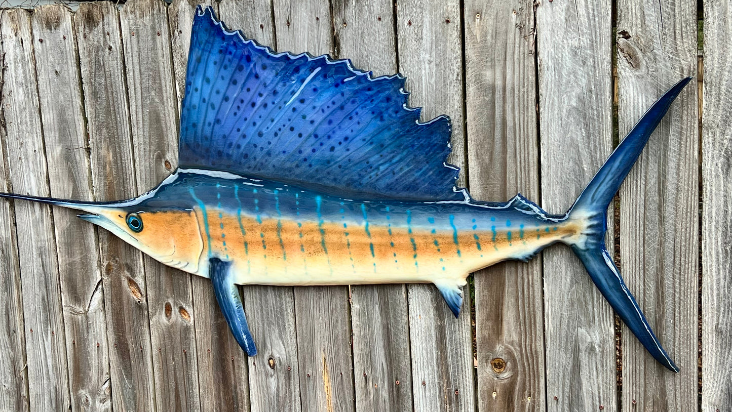 Atlantic Sailfish — Handcrafted Solid Oak Wall Art (72”)