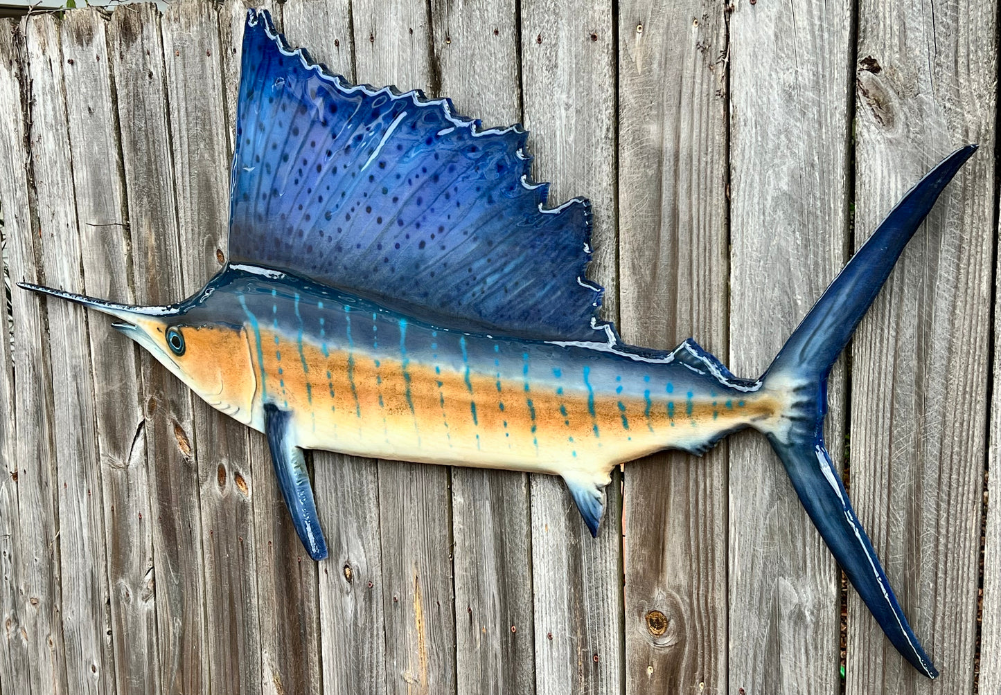 Atlantic Sailfish — Handcrafted Solid Oak Wall Art (72”)