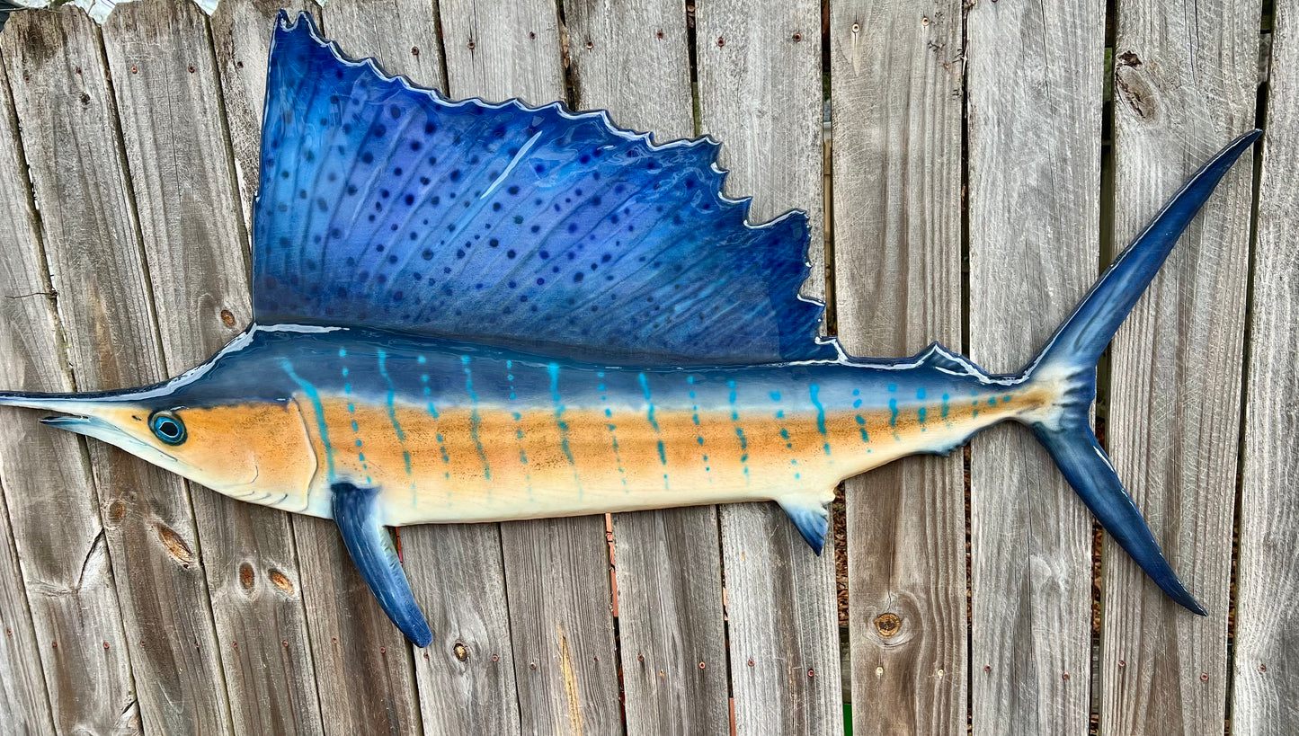 Atlantic Sailfish — Handcrafted Solid Oak Wall Art (72”)