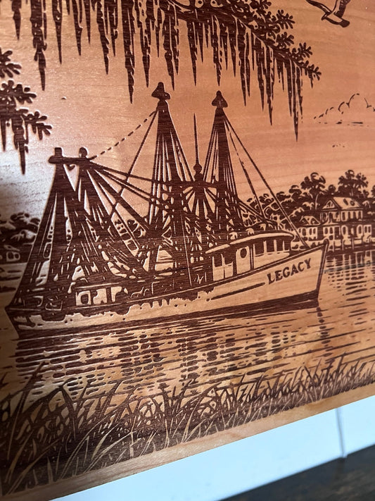 LEGACY shrimp boat detail on Beaufort cherry engraving