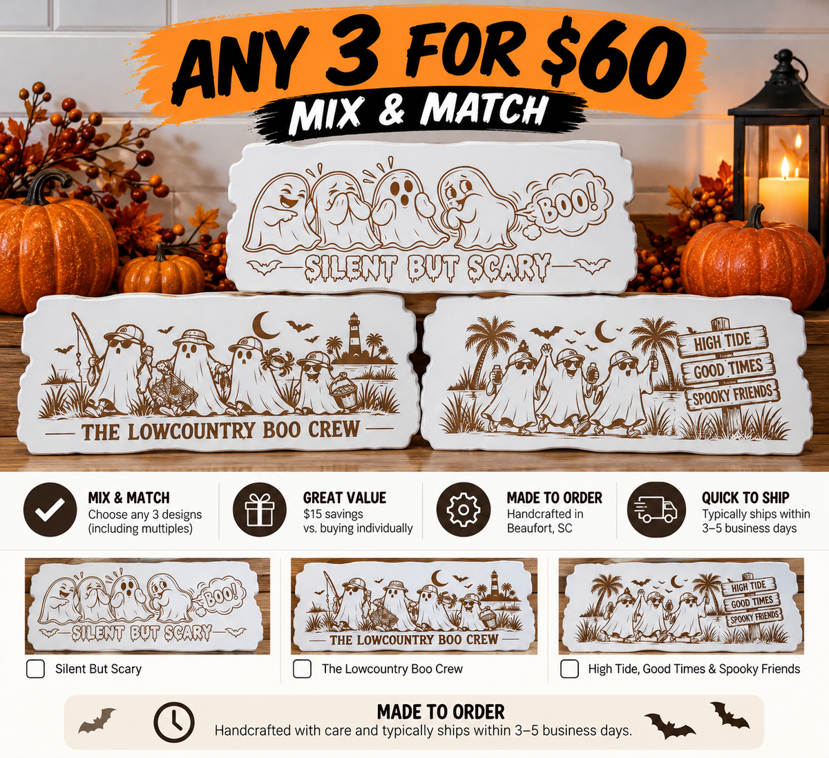 Mix and match any three white engraved Halloween signs for $60
