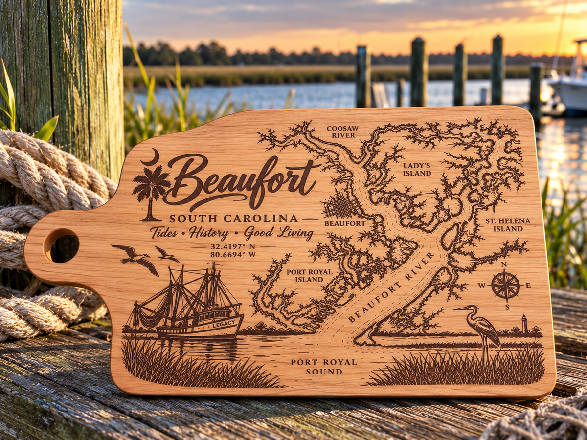 Large Beaufort South Carolina engraved river map charcuterie and serving board