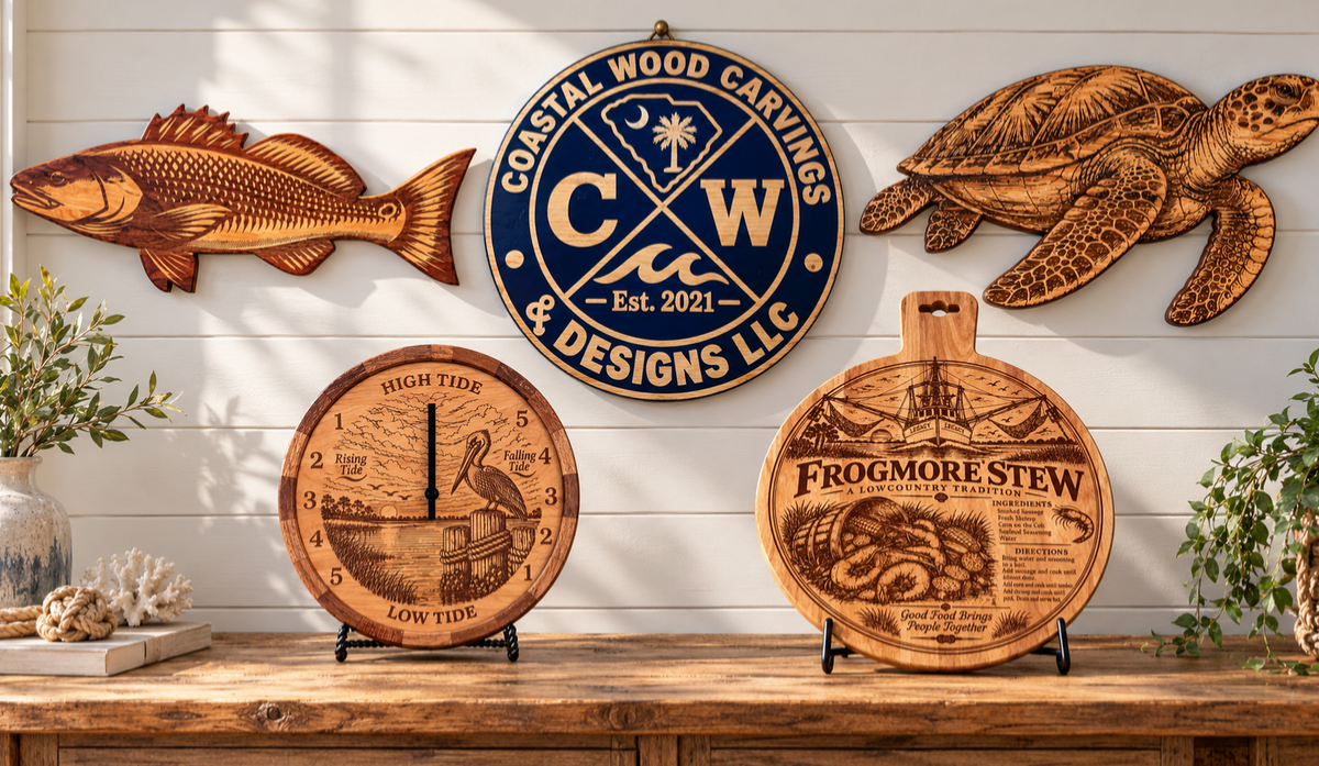 Coastal Wood Carvings & Designs LLC logo with oak redfish, sea turtle, pelican tide clock and Frogmore Stew serving board in a coastal display