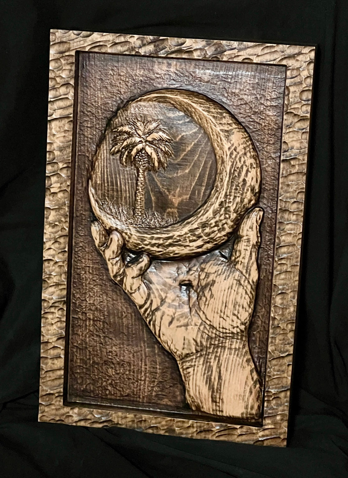 Custom 3D wood relief carving example — angled view