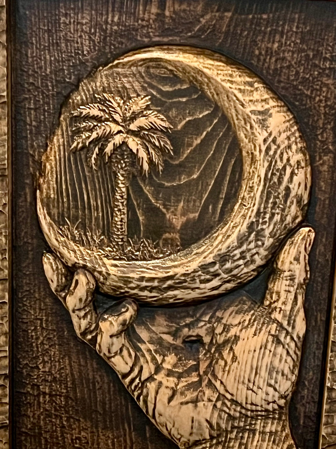 Custom 3D wood relief carving detail — coastal scene