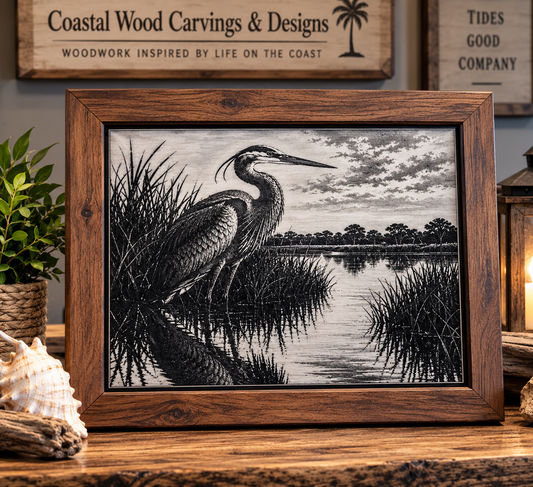 Custom epoxy V-carve photo keepsake example — framed coastal heron