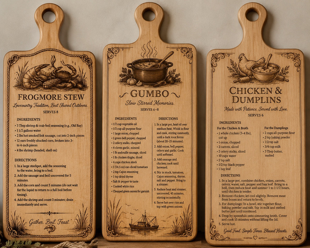 Custom engraved family recipe boards by Coastal Wood Carvings & Designs