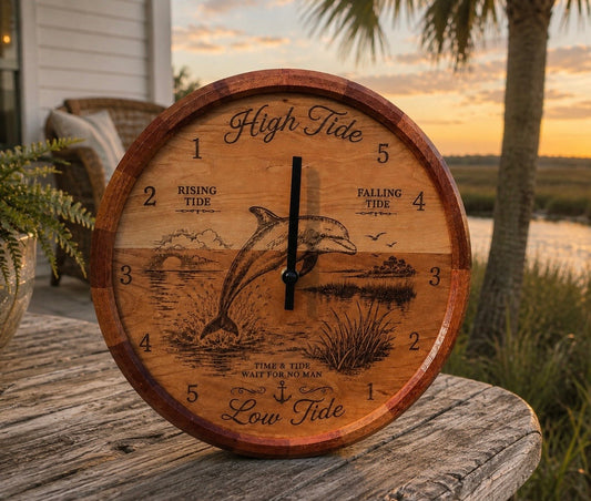 Dolphin tide clock with segmented sapele ring in a coastal room setting