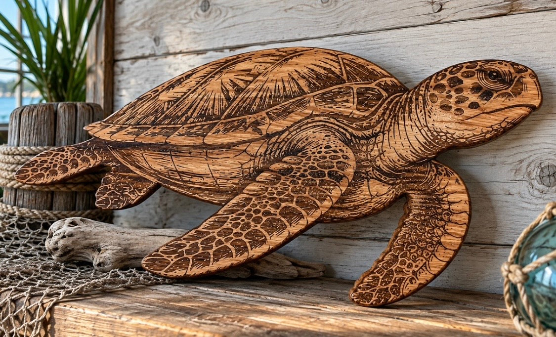 Engraved oak sea turtle in a coastal display setting