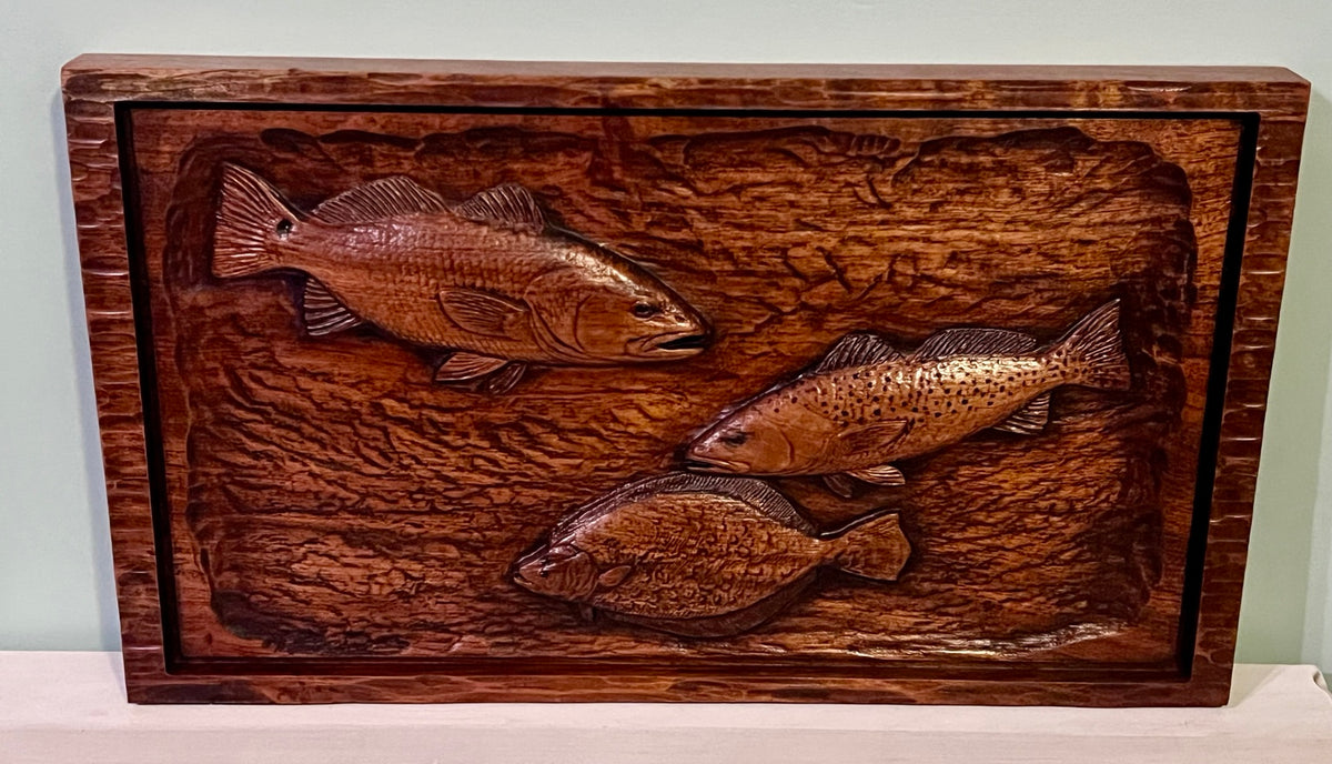 Lowcountry fish trio carved in wood