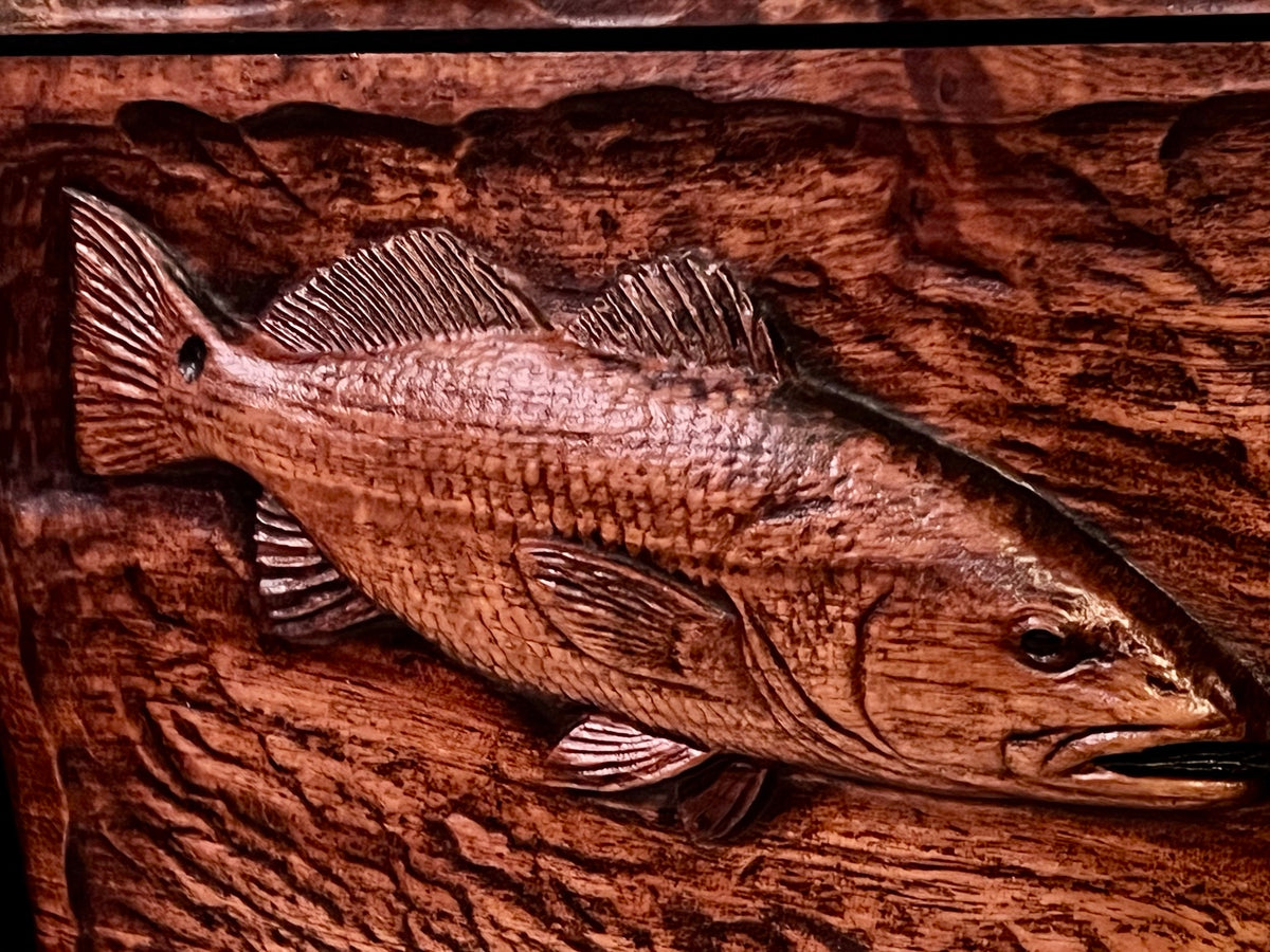 Close detail of redfish carving
