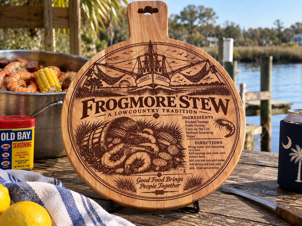 Engraved Frogmore Stew serving platter with shrimp boat and Lowcountry recipe design