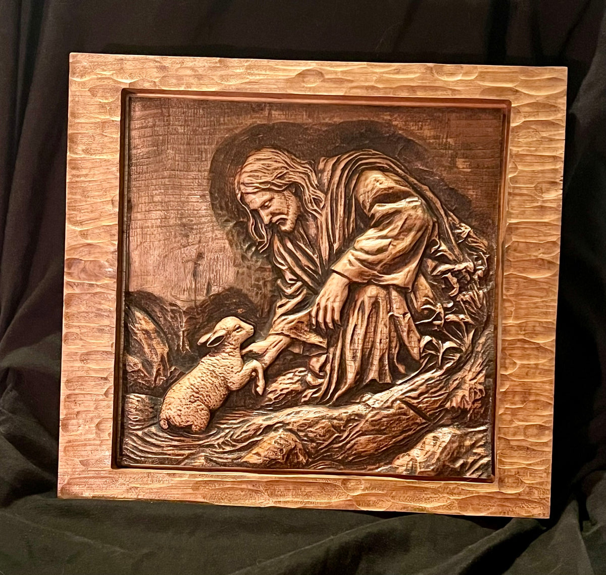 Good Shepherd carved wood relief