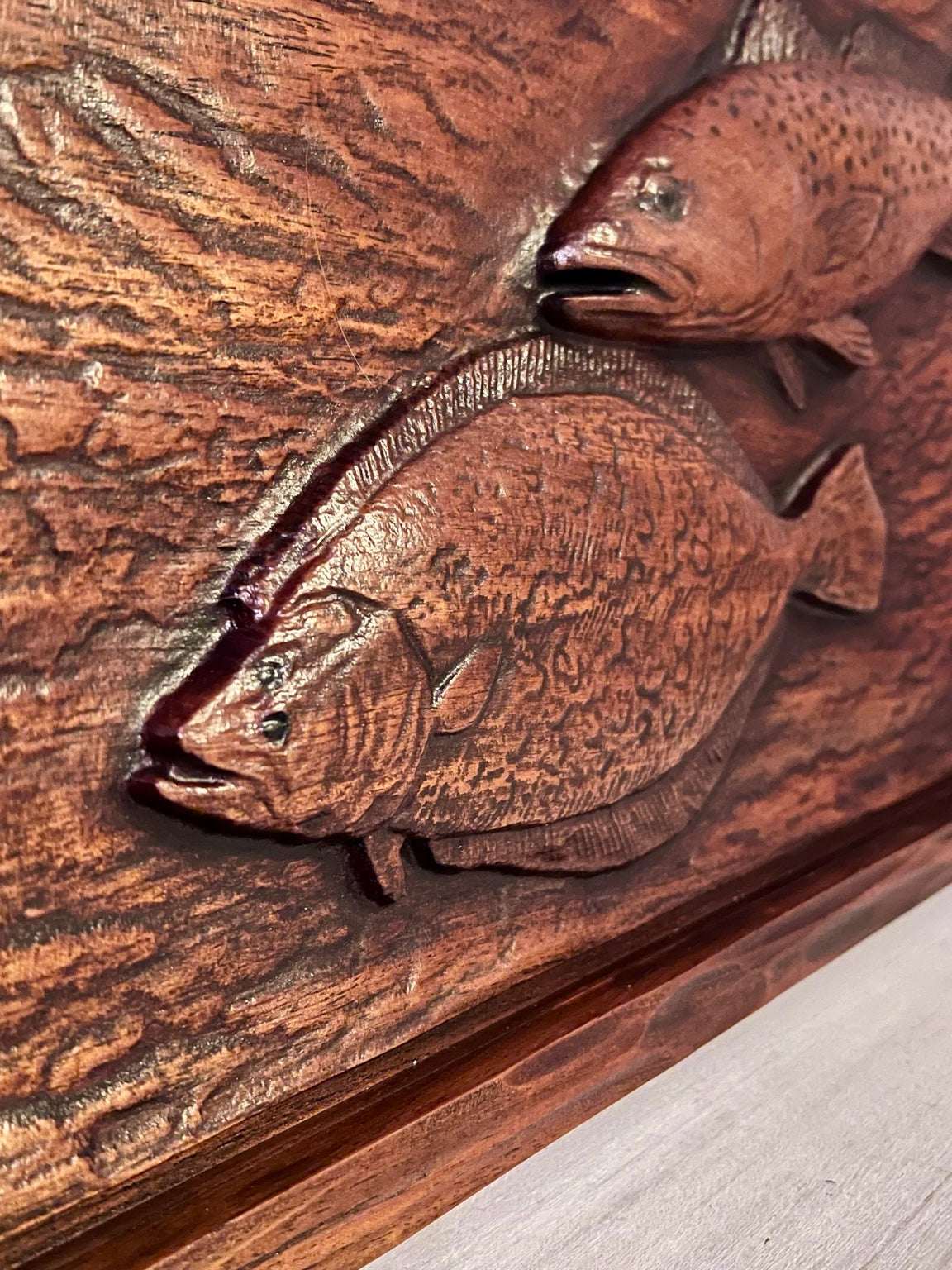 Close detail of flounder carving