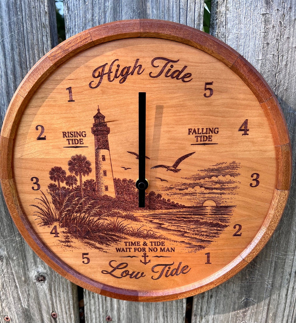 Front view of the original lighthouse tide clock with segmented sapele ring