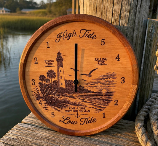 Original lighthouse tide clock with segmented sapele ring in a coastal room setting