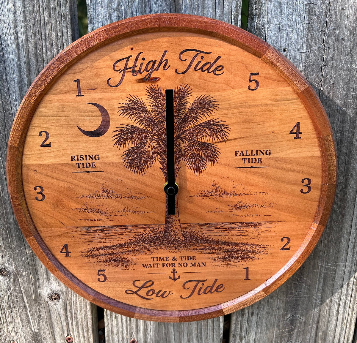 Palm and moon tide clock with cherry face and segmented sapele ring