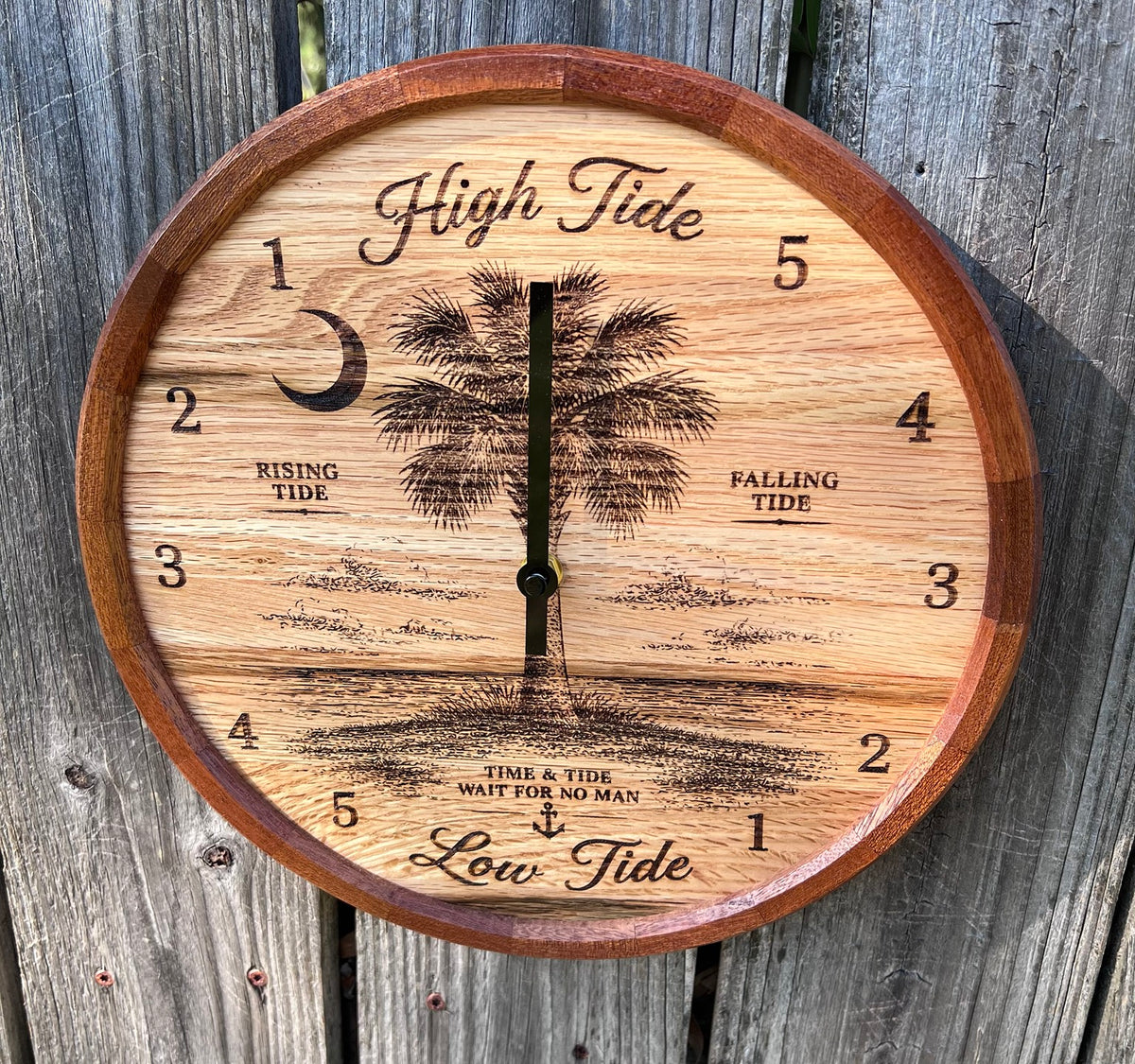 Palm and moon tide clock with oak face and segmented sapele ring