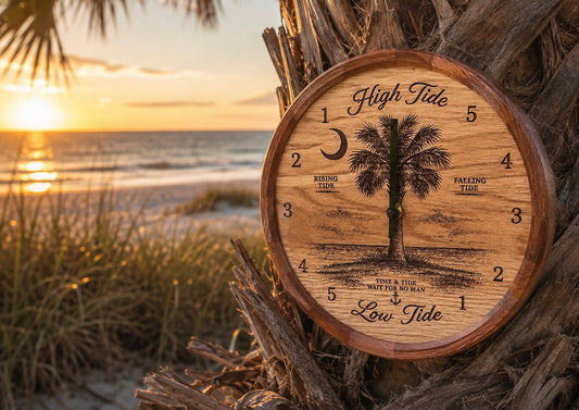 Palm and moon tide clock with segmented sapele ring in a coastal room setting