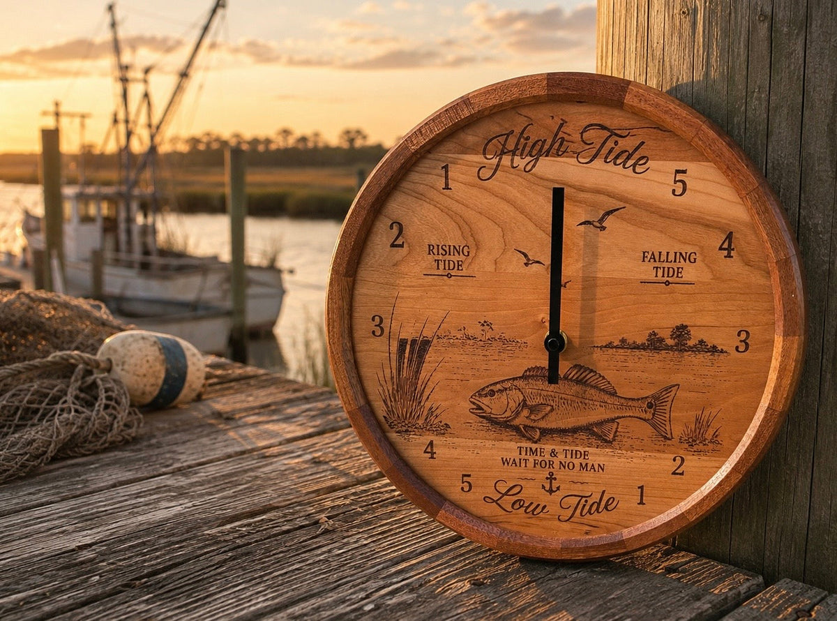 Redfish tide clock with segmented sapele ring in a coastal room setting