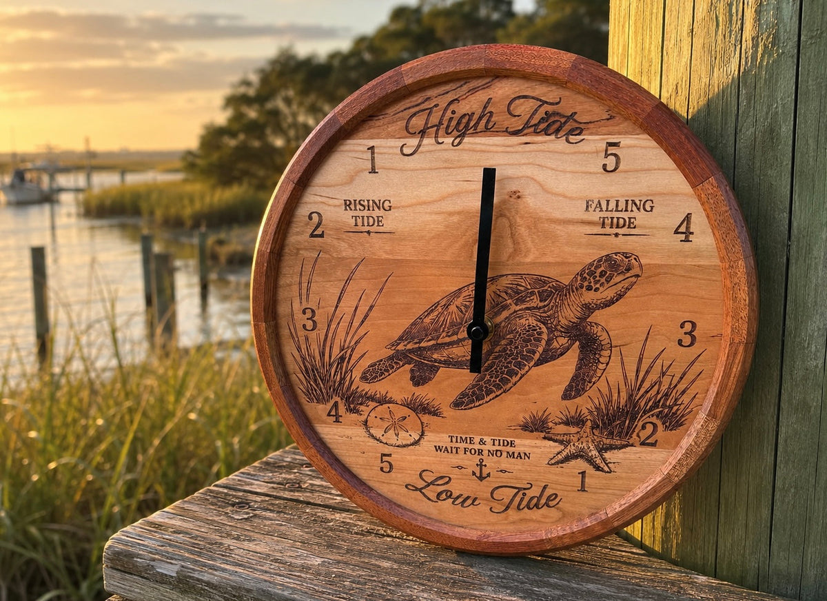 Sea turtle tide clock with segmented sapele ring in a coastal room setting