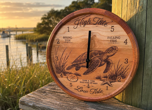 Sea turtle tide clock with segmented sapele ring in a coastal room setting