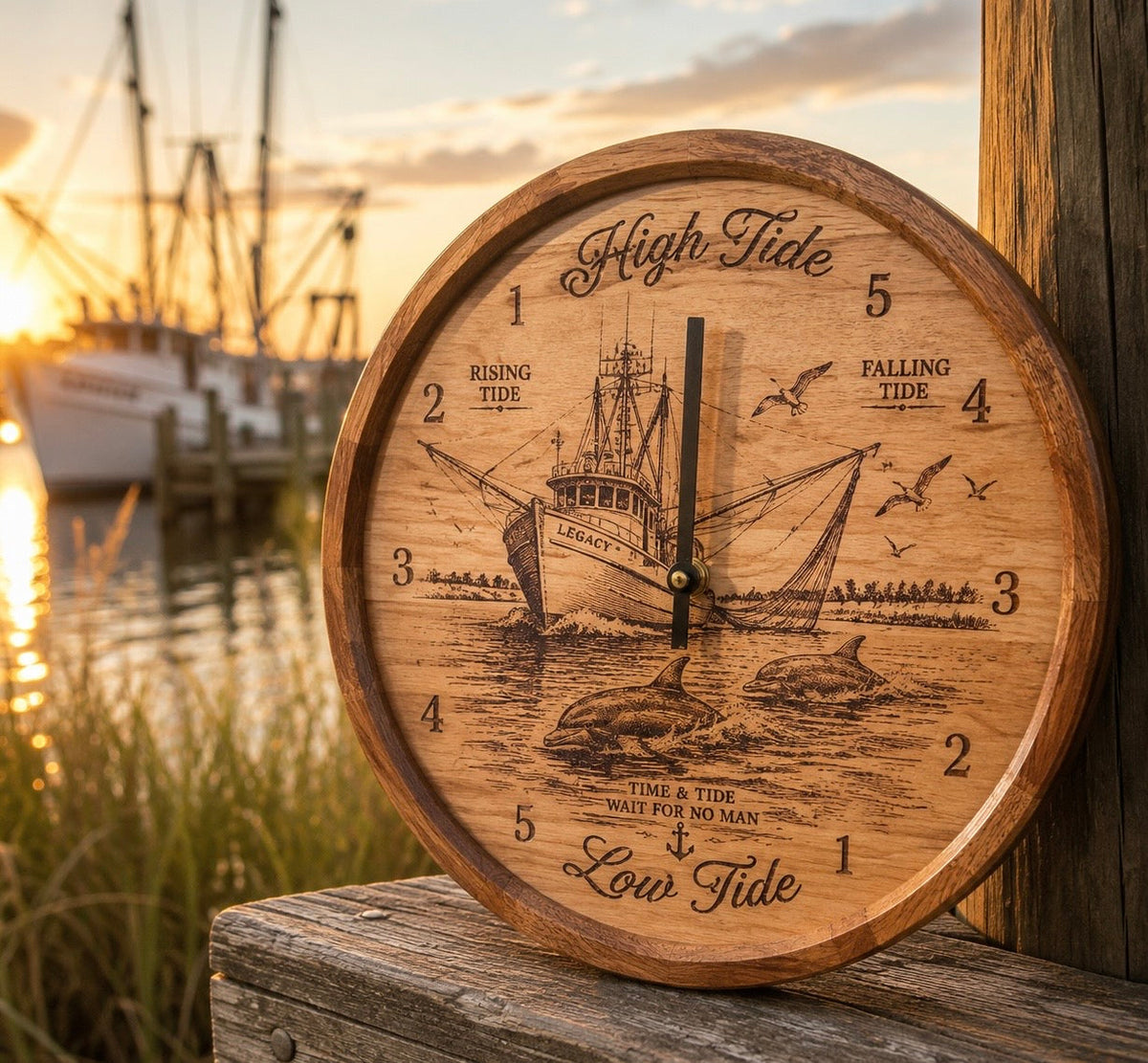 Shrimp boat tide clock with segmented sapele ring in a coastal room setting