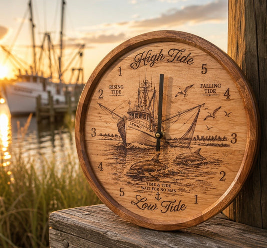 Shrimp boat tide clock with segmented sapele ring in a coastal room setting